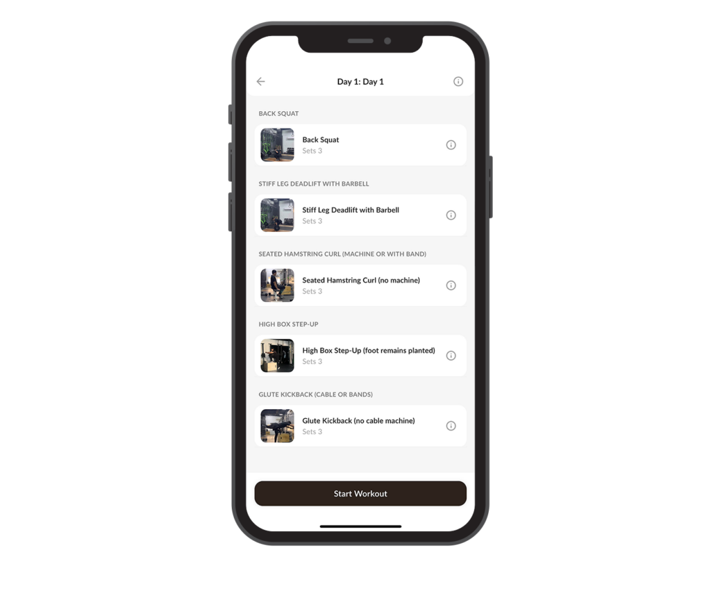 A smartphone displays a workout app showing “Day 1: Day 1” with a list of five exercises, each with a title, sets/reps details, and a small exercise image. A brown “Start Workout” button appears at the bottom of the screen.