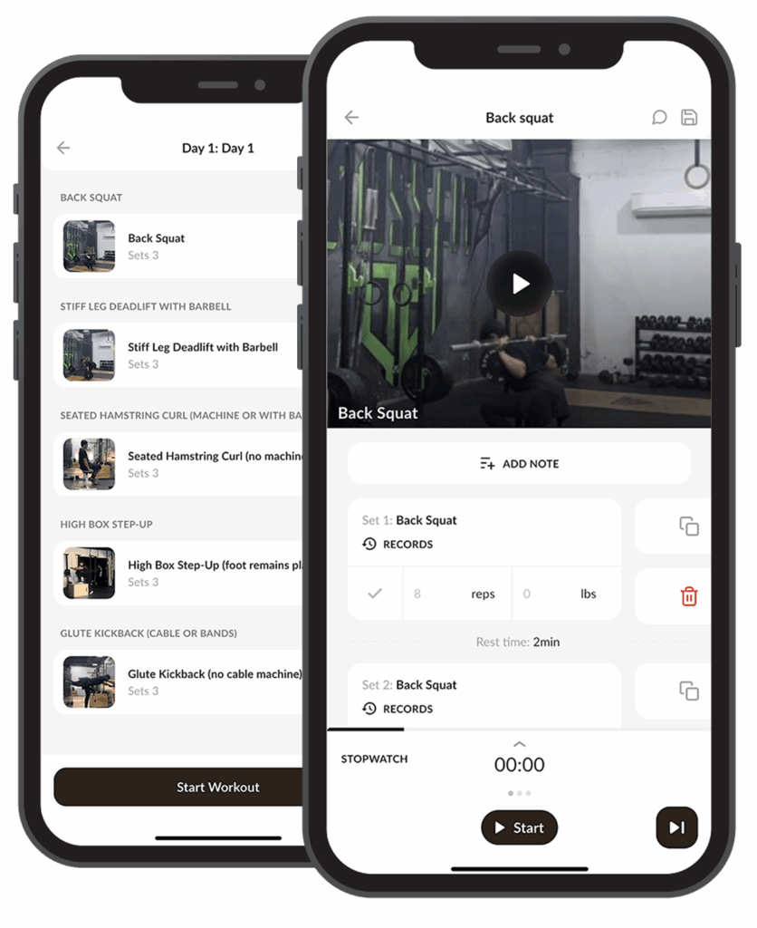 Two smartphones display a workout app. The left phone shows a daily exercise list with images, sets, and buttons. The right phone shows details for "Back Squat" with a video preview, note and record options, and a stopwatch timer at the bottom.